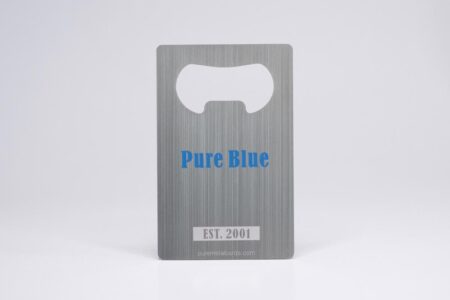 Brushed stainless steel bottle opener card; Pure Blue, Est. 2001