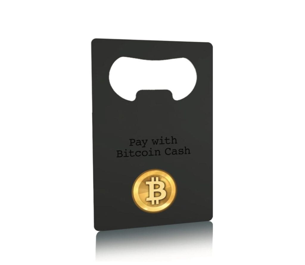 Matt black bottle opener card with Bitcoin Cash logo. Metal bottle opener.