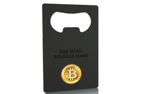 Matt black bottle opener card with Bitcoin Cash logo. Metal bottle opener.
