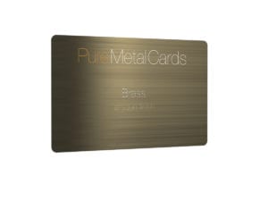 Gold metal card with "Pure Metal Cards" and "Brass antique finish" text.