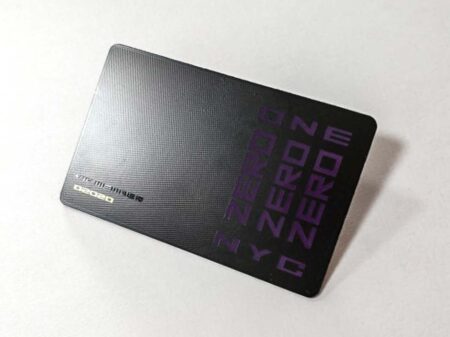 pure-metal-cards-matt-black-pixel-stainless-steel-card-3 Matt black pixel stainless steel card with "ZERO ONE NYC" branding.