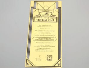 Elegant gold Venetian Ball invitation, featuring Art Deco design. Metal invitation cards for a special event.