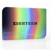 pure-metal-cards-iridescent-stainless-steel-card-image-1 Iridescent steel credit card featuring the word "EIGHTEEN".