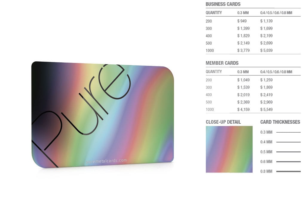 Iridescent steel business card with "Pure" logo. Various thicknesses and pricing shown.