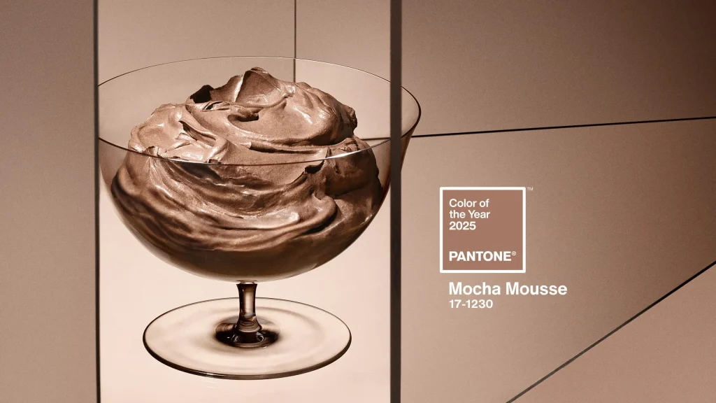 Mocha mousse in a glass bowl, showcasing Pantone Color of the Year 2025, "Mocha Mousse 17-1230.