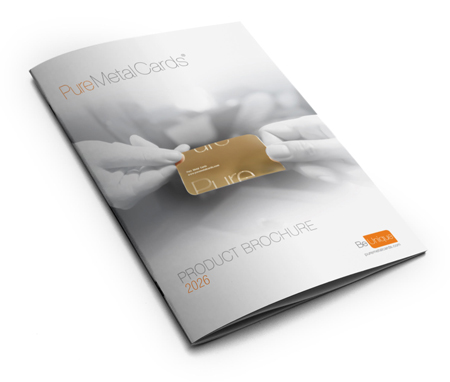 Pure Metal Cards brochure featuring a gold metal card. Be Unique.