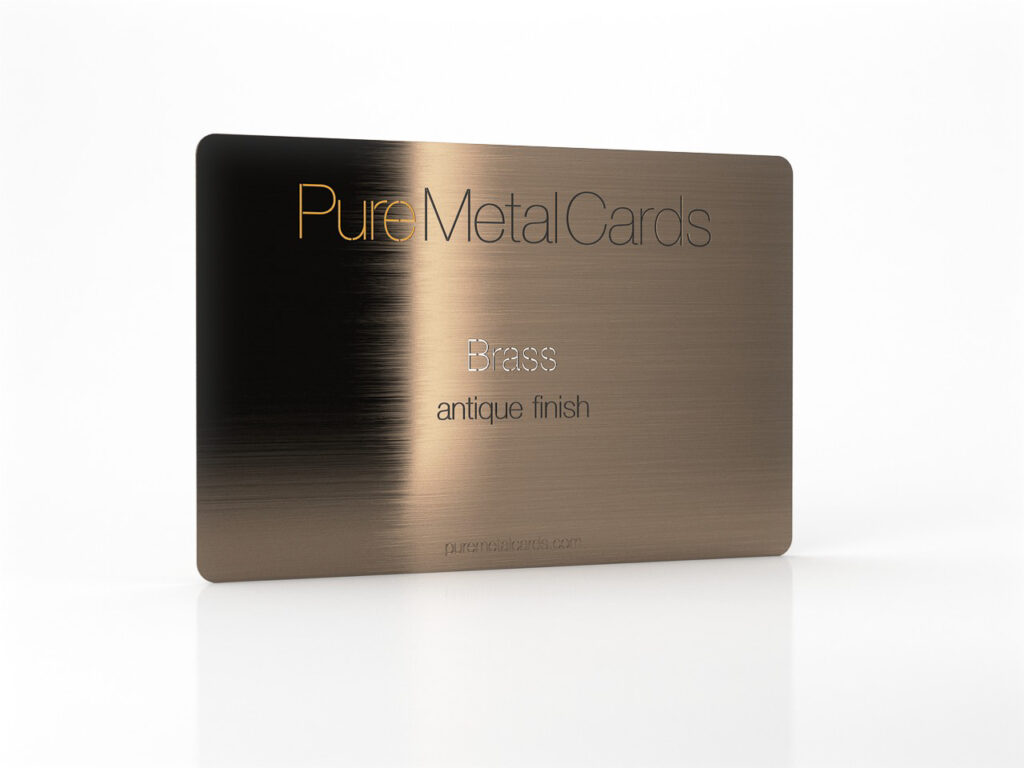 Brass metal card with antique finish from Pure Metal Cards. Text: "Brass antique finish".