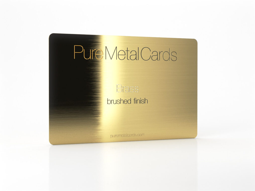 Brass metal business card with brushed finish from Pure Metal Cards. Text: Pure Metal Cards, Brass, brushed finish.