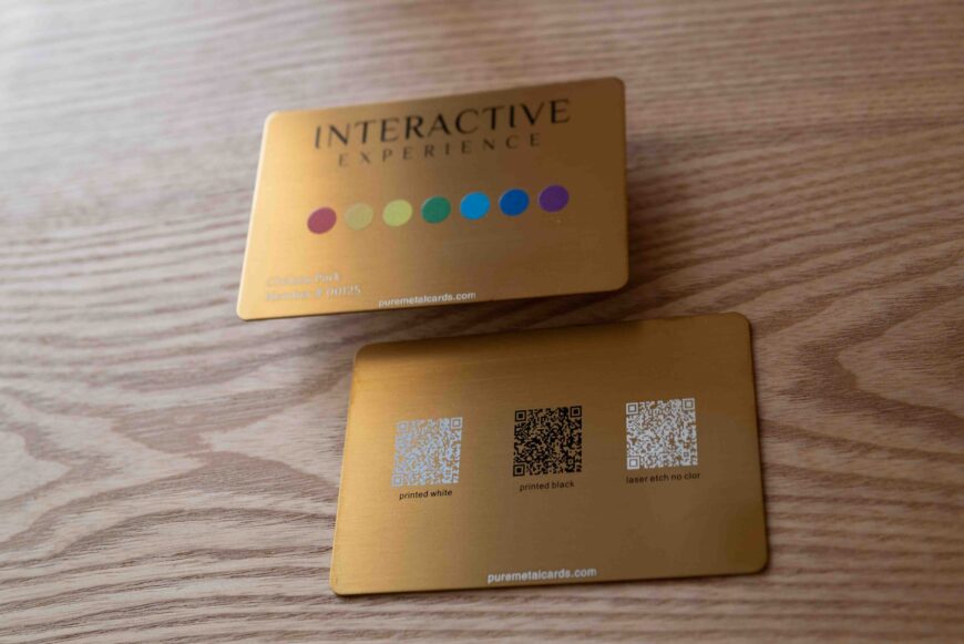 Gold metal business cards showing interactive experience, QR code options: printed white, black, laser etch. puremetalcards.com