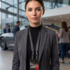 Woman wearing an ExpoCar metal badge for exhibitors at an event. Premium conference badge. Pure Metal Cards