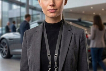 Woman wearing an ExpoCar metal badge for exhibitors at an event. Premium conference badge. Pure Metal Cards