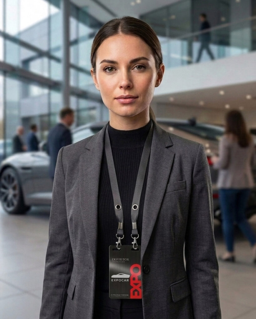 Woman wearing an ExpoCar metal badge for exhibitors at an event. Premium conference badge. Pure Metal Cards