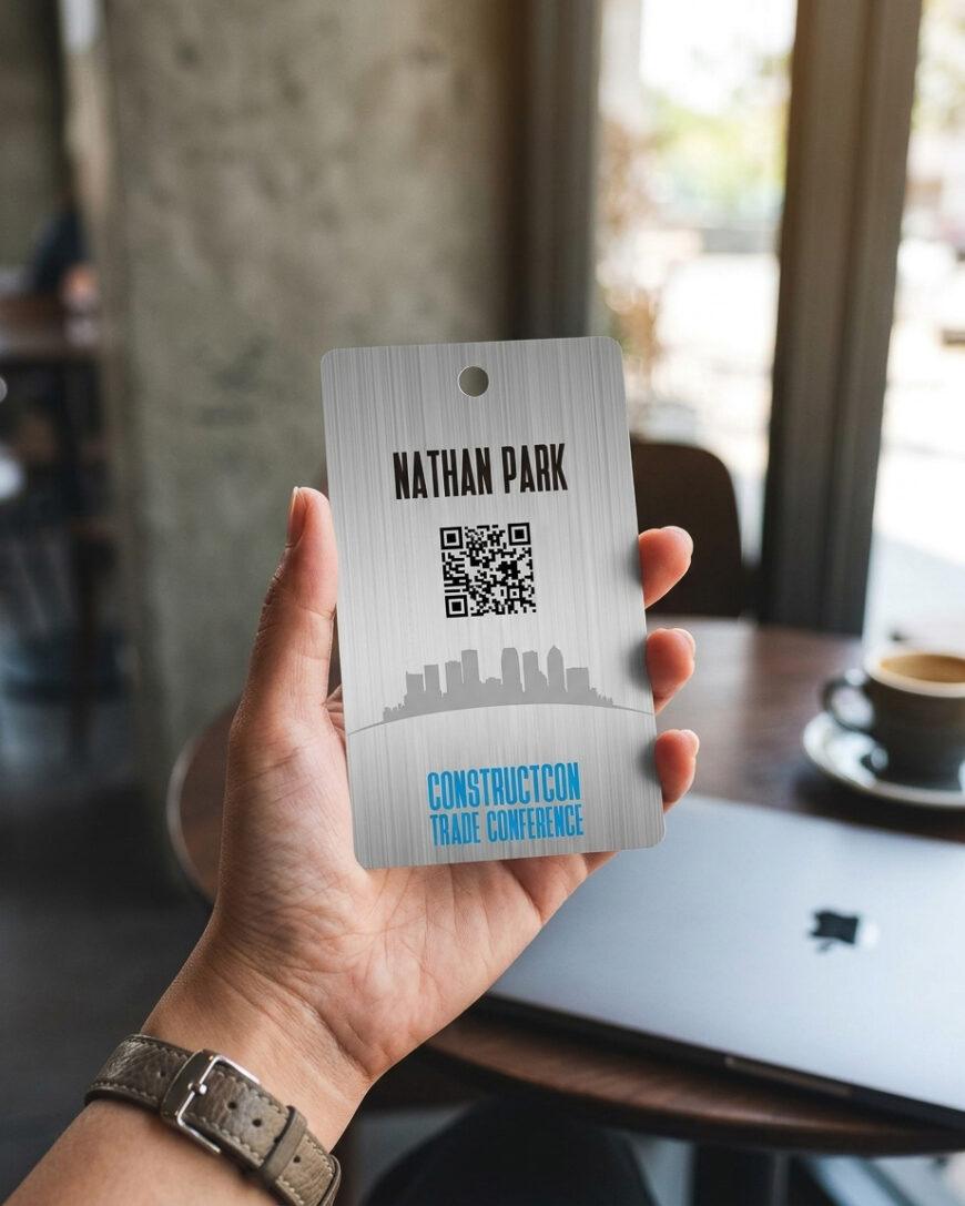 Metal badge for ConstructCon Trade Conference with QR code and attendee name, Nathan Park. Metal ID Badge by Pure Metal Cards