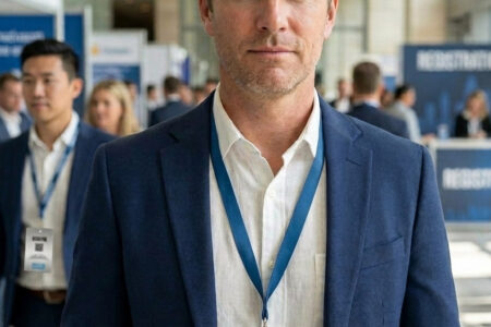 Man wearing a metal badge at a conference. Badge says "Nathan Park.