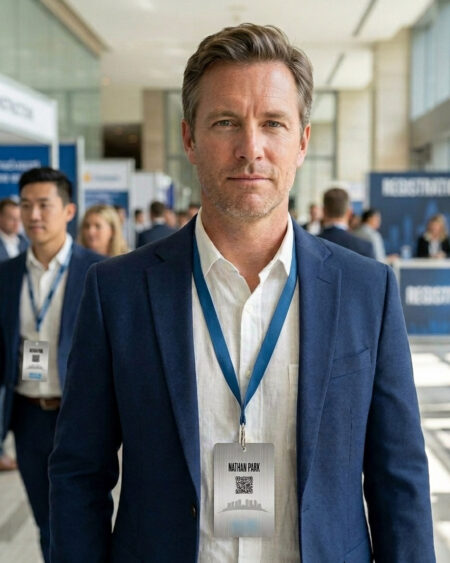 Man wearing a metal badge at a conference. Badge says "Nathan Park.