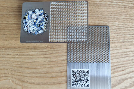 Pure Metal Cards - brushed metal grinder cards - space with wood background