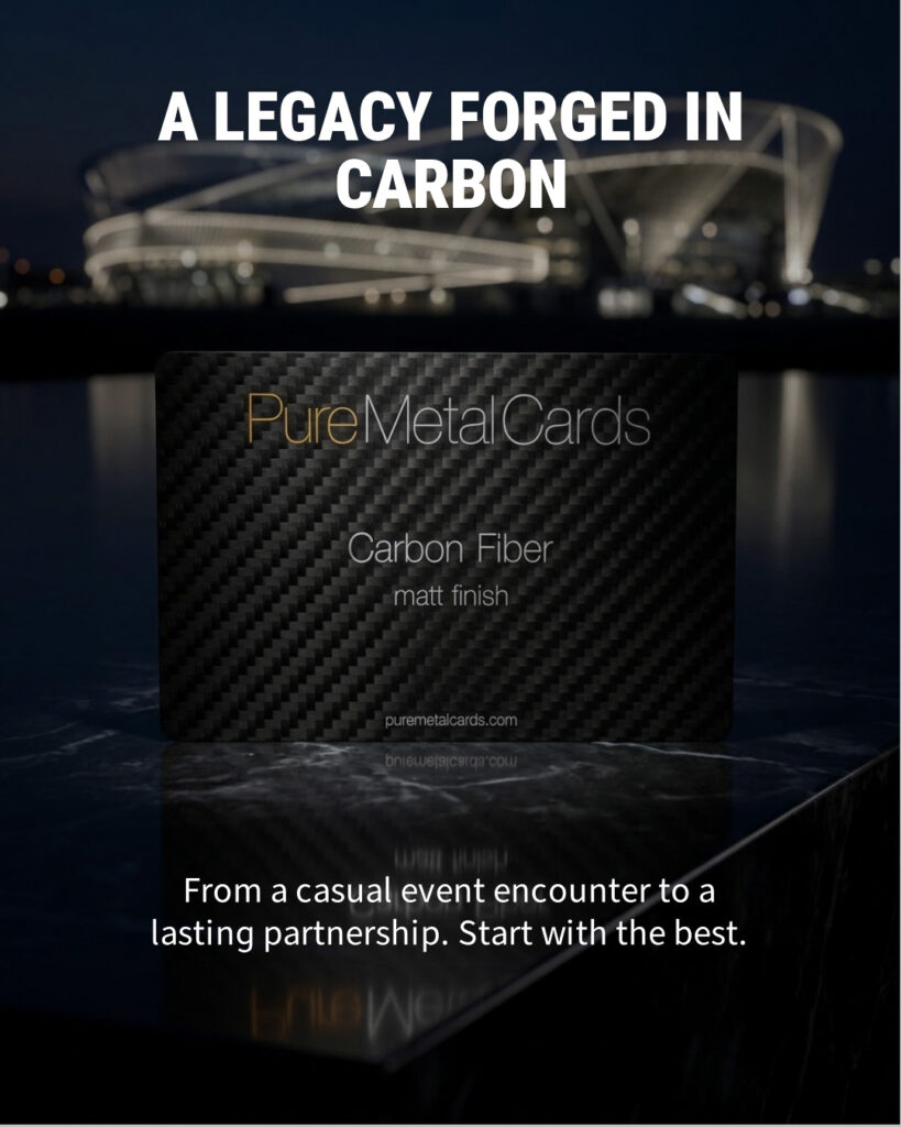 Pure Metal Cards carbon fiber business card with a modern building in the background. "A legacy forged in carbon.