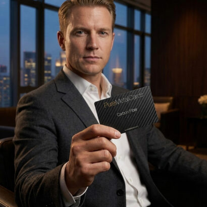 Man in suit holding a Pure Metal Cards carbon fiber card. Elegant design.