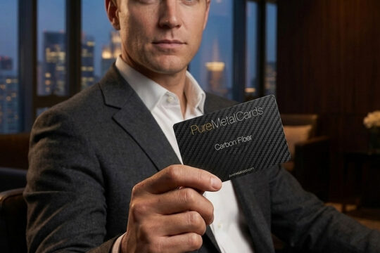 Man in suit holding a Pure Metal Cards carbon fiber card. Elegant design.