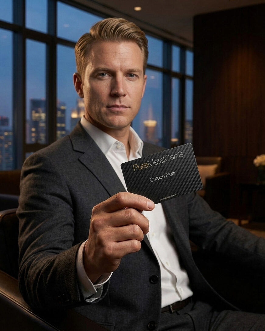 Man in suit holding a Pure Metal Cards carbon fiber card. Elegant design.
