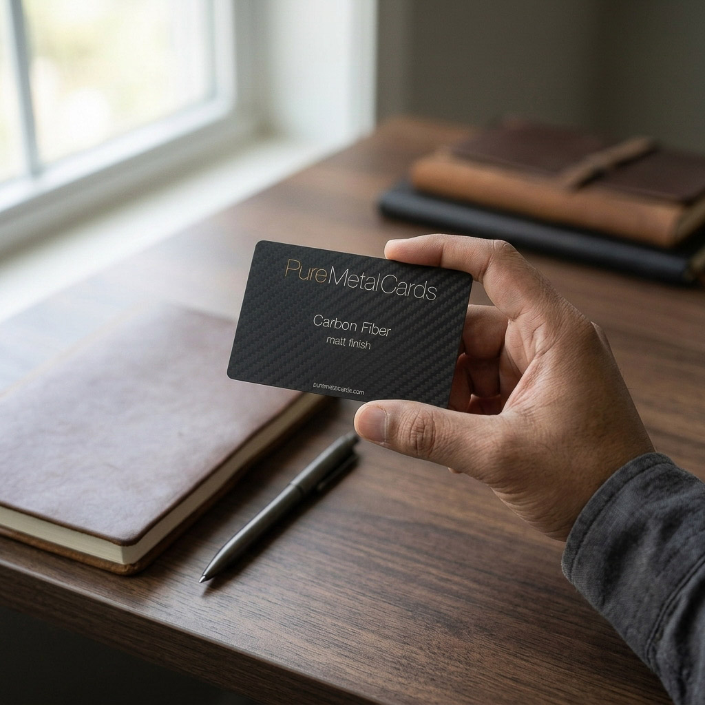 Hand holding a sleek carbon fiber business card from Pure Metal Cards.