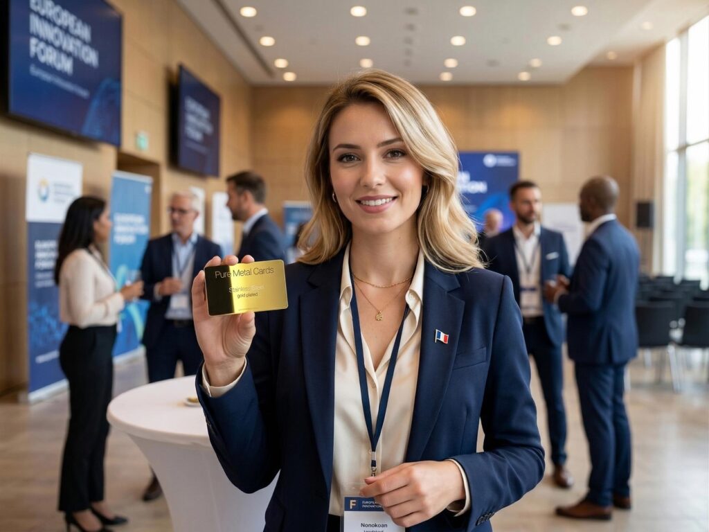 Woman at European Forum holding a gold plated metal business card from Pure Metal Card in a conference setting.