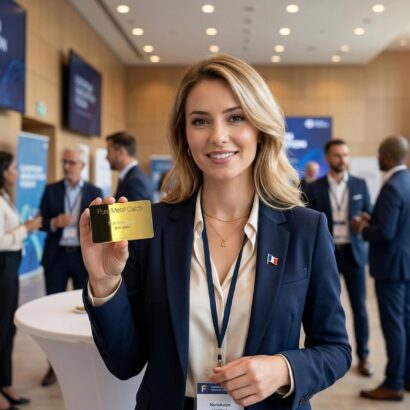 Woman at European Forum holding a gold plated metal business card from Pure Metal Card in a conference setting.