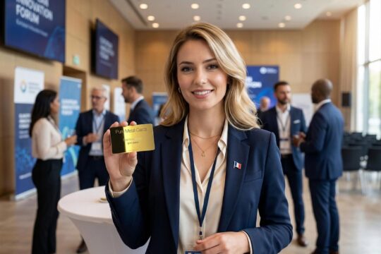 Woman at European Forum holding a gold plated metal business card from Pure Metal Card in a conference setting.