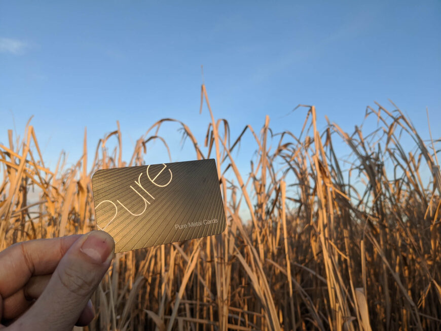 Hand holding a gold Pure Metal Cards business card.