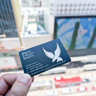 Pure Metal Cards - matt black metal business card - black falcon realty card