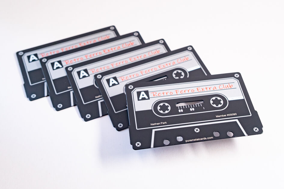 Pure Metal Cards - matt black stainless card in a cassette tape shape