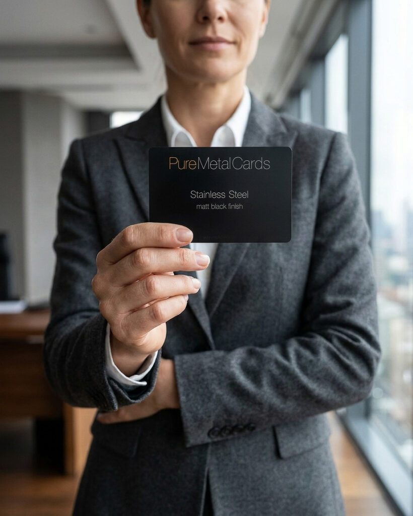Woman holds a Pure Metal Cards matt black stainless steel business card.