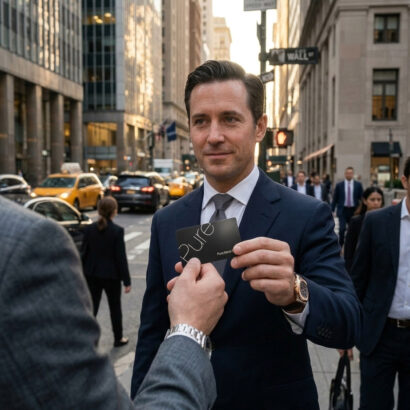 Man in suit shows "Pure" metal card, highlighting sensory cues.