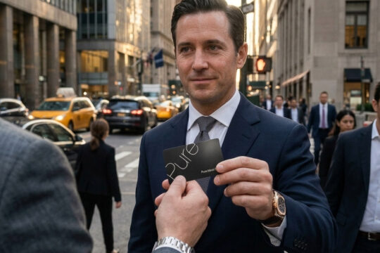 Man in suit shows "Pure" metal card, highlighting sensory cues.
