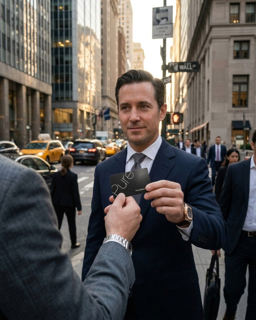 Man in suit shows "Pure" metal card, highlighting sensory cues.