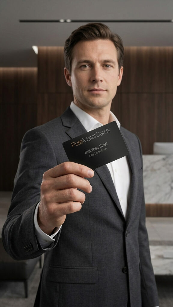 Man in suit holds PureMetalCards stainless steel business card