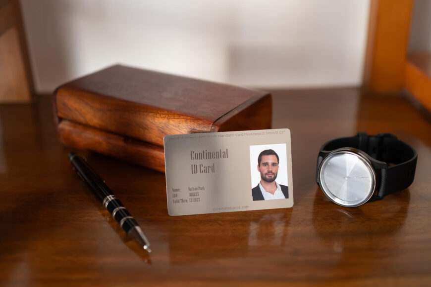 Metal business card with color photo, showcasing a professional's ID. Continental ID Card.
