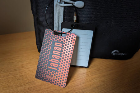 Pure Metal Cards - metal luggage tag - matt black copper - tabanan - with black wire mesh strap