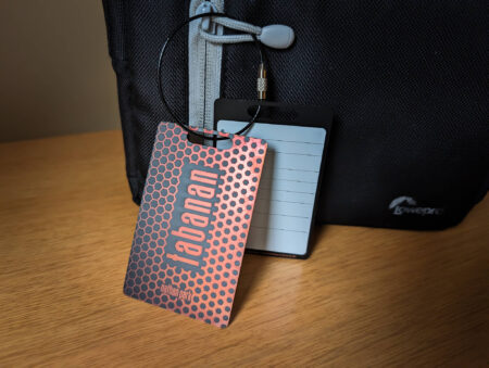 Pure Metal Cards - metal luggage tag - matt black copper - tabanan Pure Metal Cards - metal luggage tag - matt black copper - tabanan - with black wire mesh strap