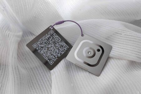 Pure Metal Cards - mirror metal business card with Swarovski crystal and color wire mesh strap