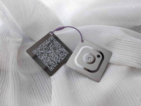 Pure Metal Cards - mirror metal business card with Swarovski crystal and color wire mesh strap