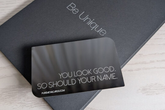 mirror metal business card with "You look good. So should your name." Creative metal card marketing.