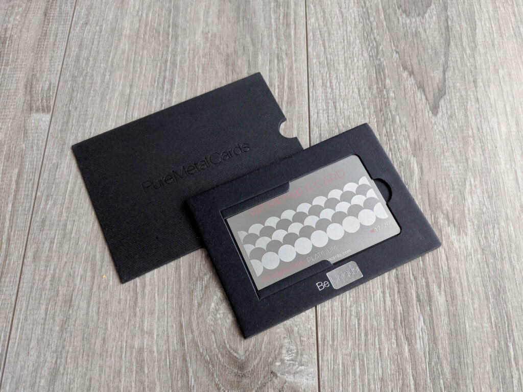 Pure Metal Cards stainless steel member card and cardholder and sleeve packaging