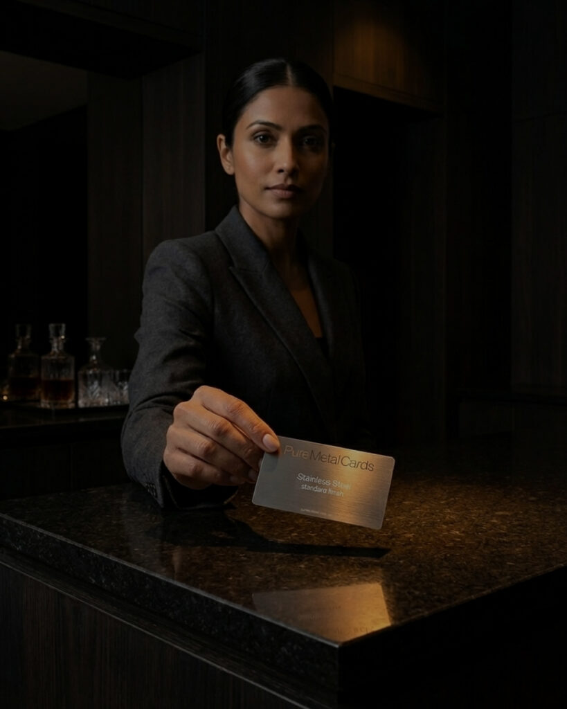 Woman in suit holding a metal business card with "Pure Metal Cards" text.