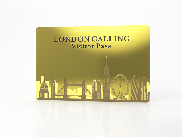 Gold London Calling Visitor Pass with engraved skyline by puremetalcards.com