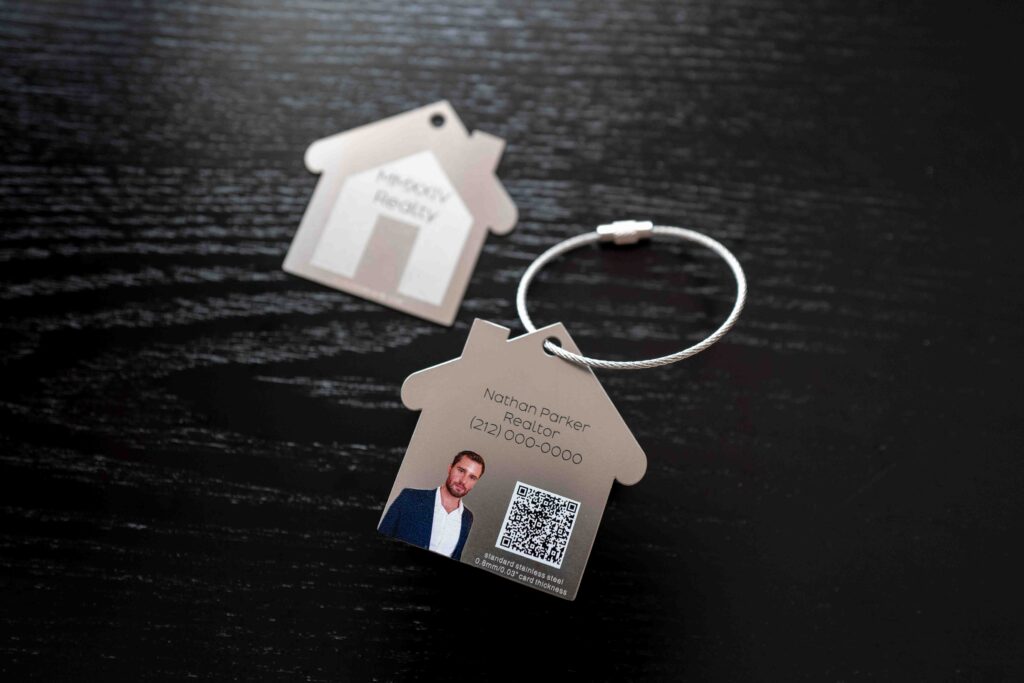 House-shaped metal business cards with QR code by puremetalcards.com
